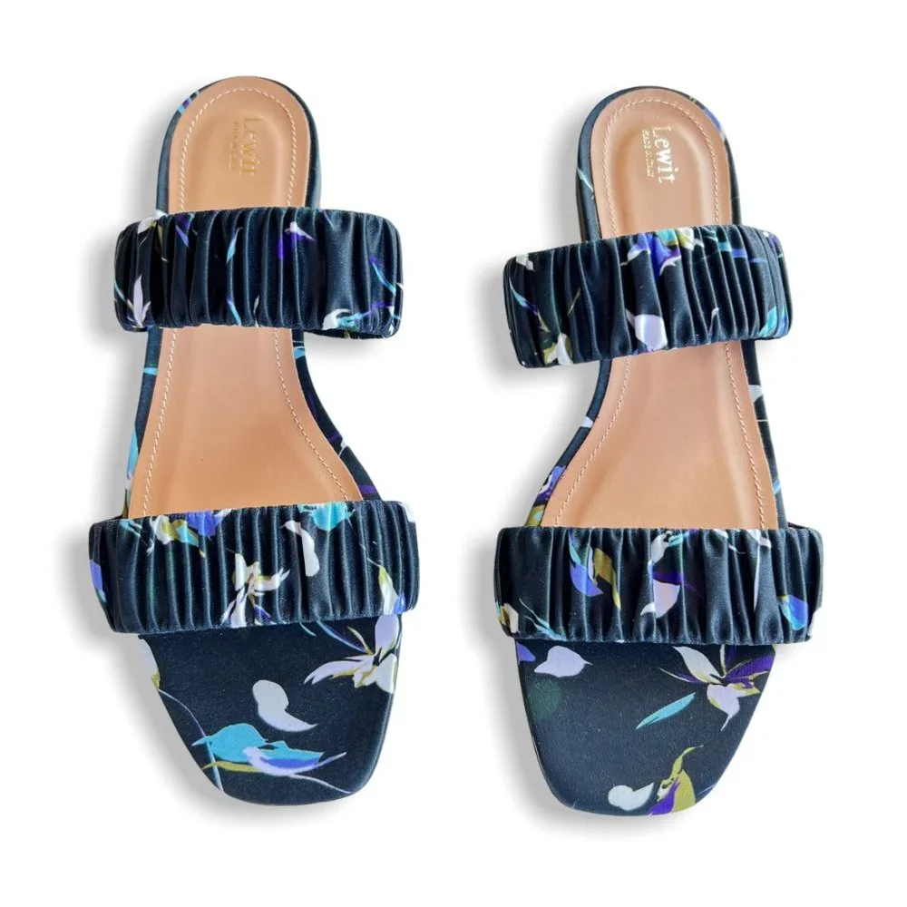 Lewit Elena Ruched Satin Flat Slide Sandal Navy Floral EU 39.5 US 9 - Picture 6 of 10